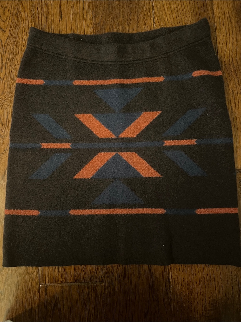 Toad&Co Black Mini Skirt with Blue and Rust Geometric Motif